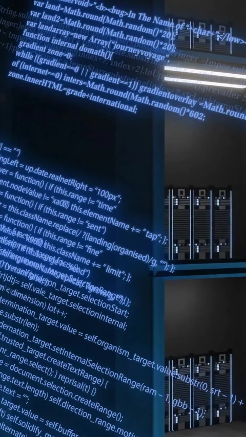 Flowing code animation over server racks in data center Stock Footage 342010403