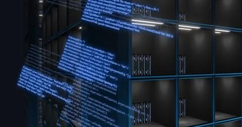 Flowing code image over server racks in data center Stock Photos