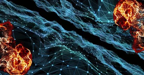 Flowing cyan-blue mesh spanning dark field, streaming particle ribbons flanking Stock Illustration