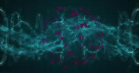 Flowing cyan network wave stretching across teal grid interface, with magenta Stock Photos