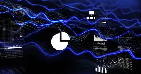 Flowing data stream moving sideways in digital interface, with pie chart, line 스톡 사진