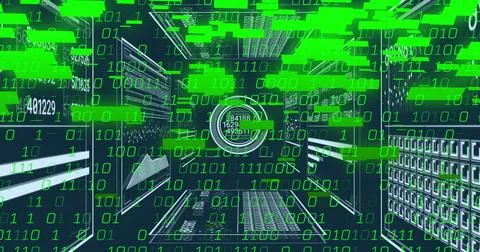 Flowing data stream through panel tunnel, with floating green binary blocks, HUD 库存照片