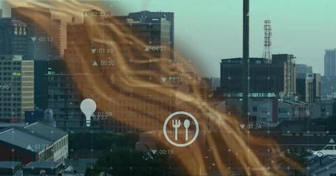 Flowing data wave mapping timestamps, arrows, lightbulb, utensils and car icons Stock Photos