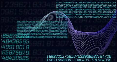 Flowing data waves and binary coding animation over dark background with numbers Stock Footage 305431716