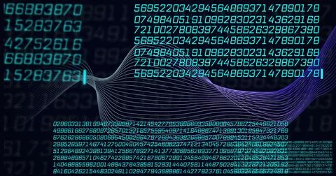 Flowing data waves and binary coding image over dark background with numbers Stock Illustration