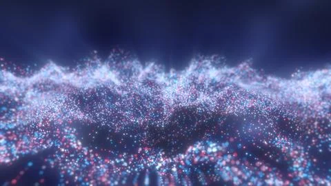 Flowing digital field of light blue, white, and red glowing dots forming a mi Stock Photos