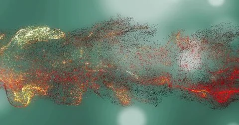 Flowing digital particle cloud spanning center on teal backdrop, with glowing Stock Illustration