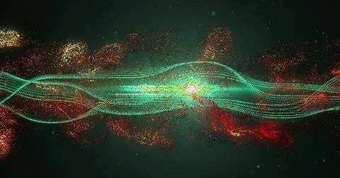 Flowing digital particles forming wave patterns, abstract image of data Illustrazione stock