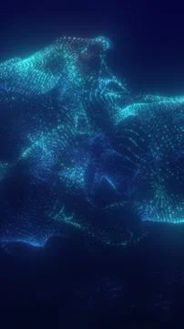 Flowing digital wave of blue and teal particles on a dark background, forming Stockillustratie