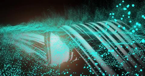 Flowing digital wave forming smooth streaks on dark digital background, with Stock Photos