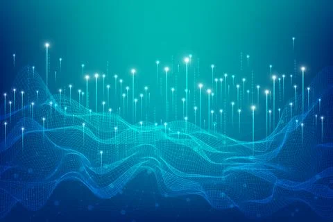 Flowing digital waves with vertical glowing points, representing data flow Illustrazione stock