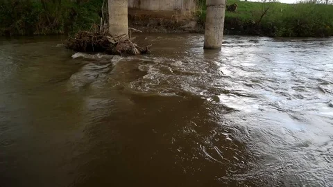 Flowing dirty Olt river under a concrete bridge Stock Footage 107894581