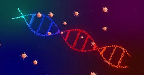 Flowing DNA double helix shifting colors in digital art space, with virus-like 스톡 일러스트