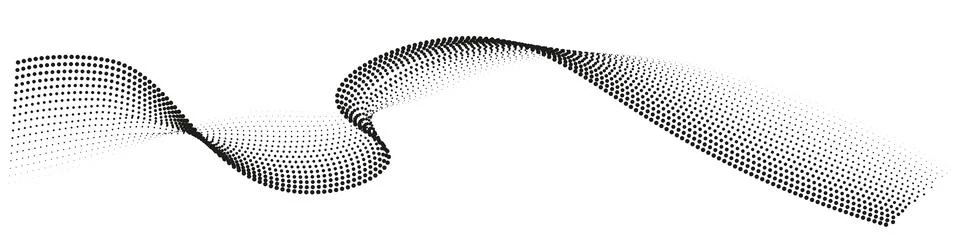 Flowing dots. Particles wave pattern in halftone black and white. Stock Illustration