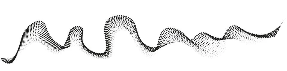 Flowing dots. Particles wave pattern in halftone black and white. Illustrazione stock