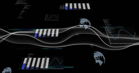 Flowing dotted wave in interface featuring bar charts line graph panels code Stock Illustration