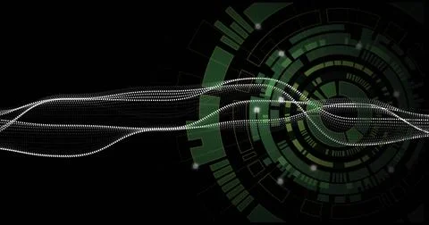 Flowing dotted white waveform twisting across black virtual interface, Stock Illustration