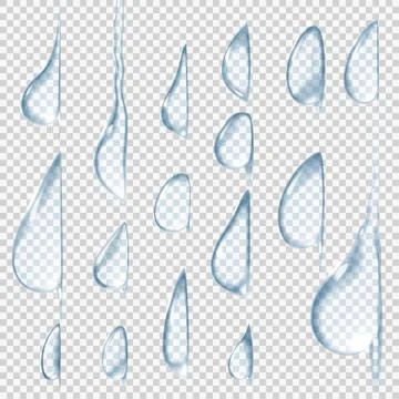 Flowing down drops.Transparent vector water drops set. Stock Illustration