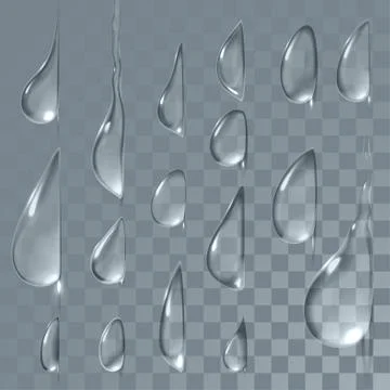 Flowing down drops.Transparent vector water drops set. Stock Illustration