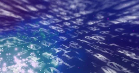 Flowing field of glowing binary digits receding in abstract digital space, wi イラスト素材