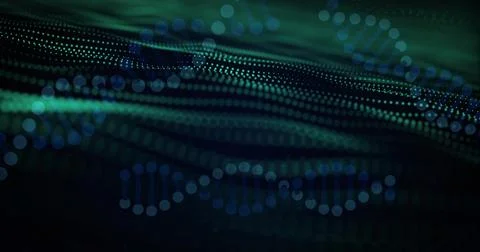 Flowing field of glowing dotted strands forming helix chains in dark digital Stock Illustration