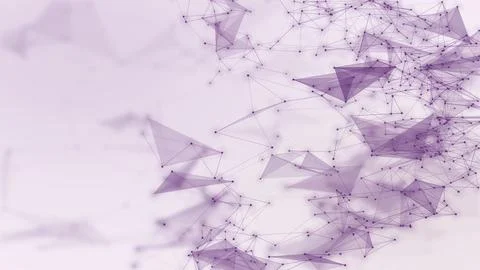 A flowing field of violet nodes, fine lines, and translucent triangles fill.. Stock Illustration