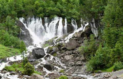 Flowing Forest Stream with Mountain Background Stock Photos
