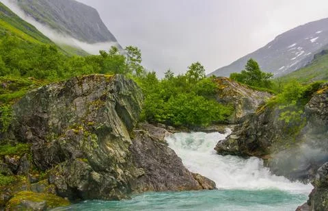 Flowing Forest Stream with Mountain Background Stock Photos