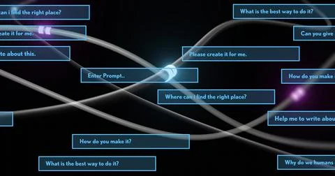 Flowing glowing strands and floating chat boxes forming digital network, with Stock Illustration