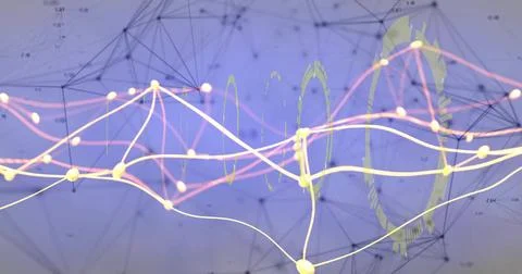 Flowing glowing waveform lines and nodes weaving across digital data space, with Stock Illustration