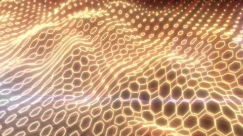 Flowing golden hexagonal grid with glowing highlights, evoking a sense of adv Stock Illustration