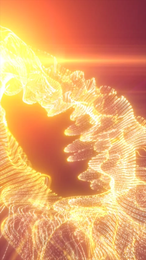 Flowing golden particle mesh forms luminous digital waves on an orange back.. 库存影片 337614660