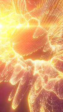 Flowing golden particle mesh forms luminous digital waves on an orange back.. Stock Illustration