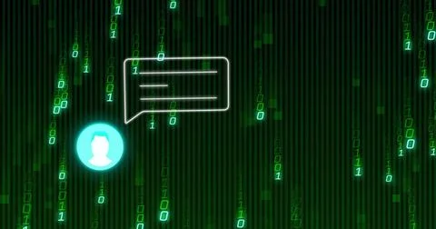 Flowing green binary code streaming over grid, framing cyan avatar with chat Illustrazione stock