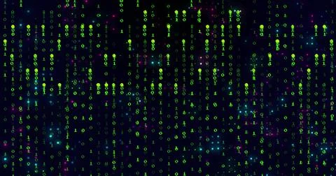 Flowing green binary digits forming vertical code streams in virtual space wi Stock Illustration