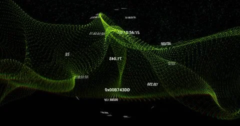 Flowing green point cloud forming waveform peaks in dark space, showing red dots Illustrazione stock