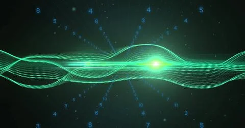 Flowing green waveform undulating on dark grid matrix with neon-green glow イラスト素材