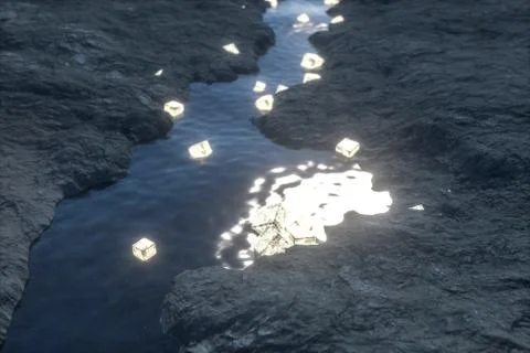The flowing lantern in the river between the mountains at night, 3d rendering Stock Illustration