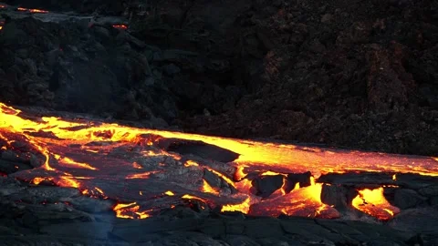 Flowing lava in the dark after volcanic eruption at Fagradalsfjall, Iceland Stock Footage 154161186