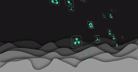 Flowing layered gray formations undulating across virtual void, glowing teal Stock Illustration
