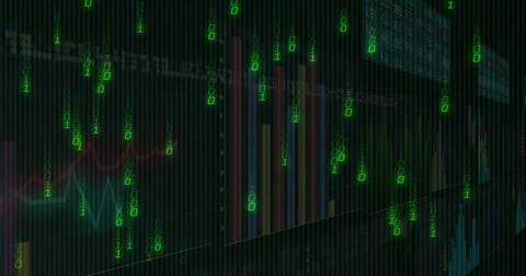 Flowing layered visual showing onscreen analytics with cascading binary digit Stock Illustration