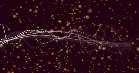 Flowing layered waveform moving on burgundy background, with soft band, dotted Stock Illustration