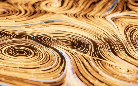 Flowing lines and glowing particles, Neon lines background, 3d rendering. 库存插图