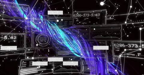 Flowing luminous braided data stream sweeping virtual cyberspace, with UI Stock Illustration