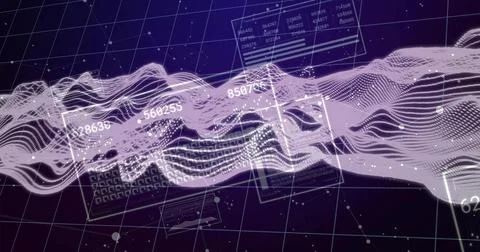 Flowing luminous data ribbon moving across 3D grid plane, showing numeric panels Stock Illustration