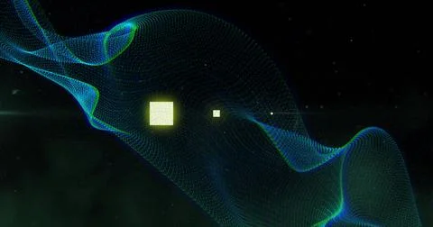 Flowing luminous data wave forming green mesh across digital void, with three Stock Illustration