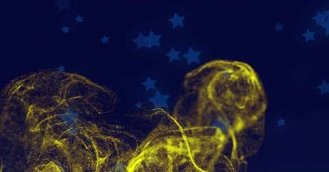 Flowing luminous yellow particle cloud curling across digital navy backdrop, Stock Photos