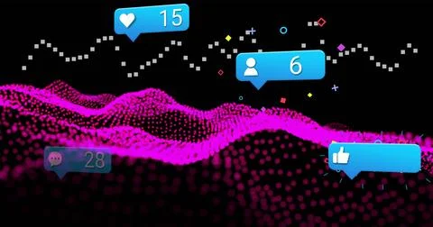 Flowing magenta data wave across void, with blue notification bubbles, particles Stock Illustration