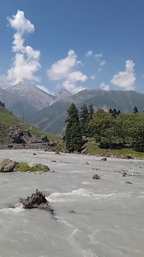 Flowing Mountain River in Kashmir Valley with Natural Ambience Stock Footage 339126631