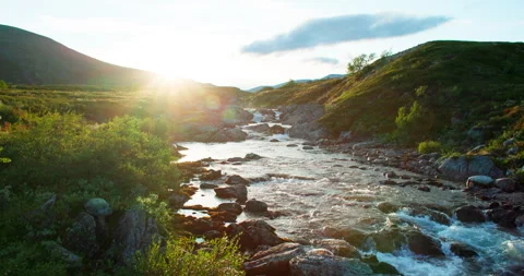 Flowing Mountain River with Rapids in Dovrefjell, Norway Vidéo 345104991